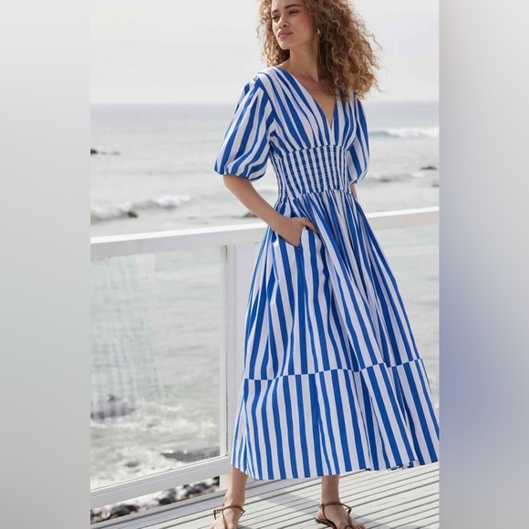 AYR Dresses & Skirts - AYR The Puff Sleeve Midi Dress in Marais Blue Regatta Stripe Size S